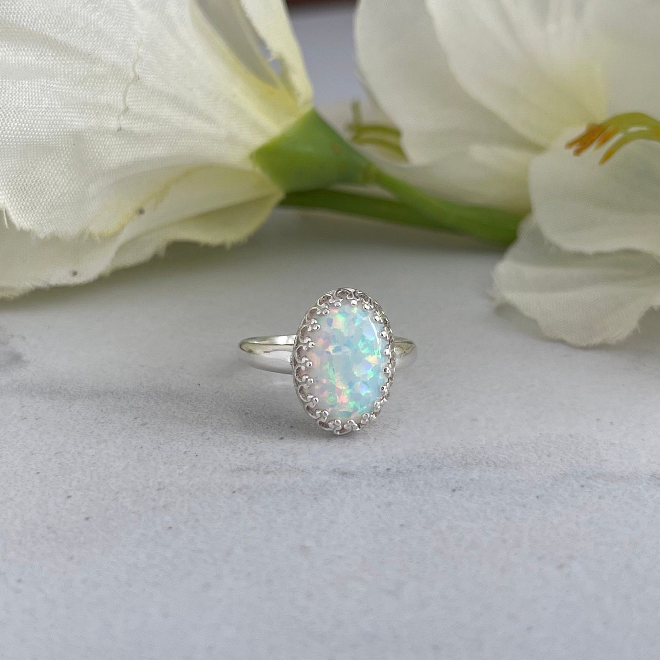 Sterling Silver Opal Ring * Large White Opal Ring * Oval