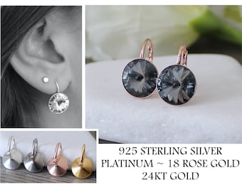 Round Swarovski Crystal Earrings * Bella Swarovski Earrings * 12mm * Grey Black Silver Night * Sterling Silver/Platinum/ Rose Gold/18KT Gold