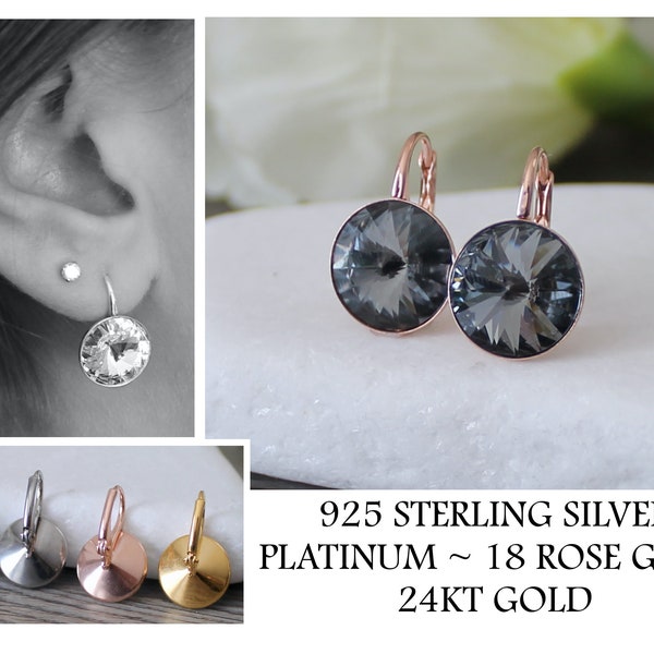 Round Swarovski Crystal Earrings * Bella Swarovski Earrings * 12mm * Grey Black Silver Night * Sterling Silver/Platinum/ Rose Gold/18KT Gold