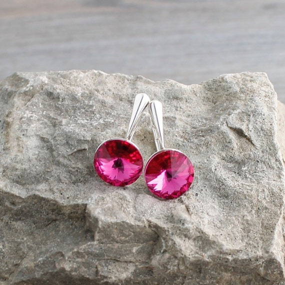 Fuchsia Pink Swarovski Crystal Sterling Silver Lever Back Earrings