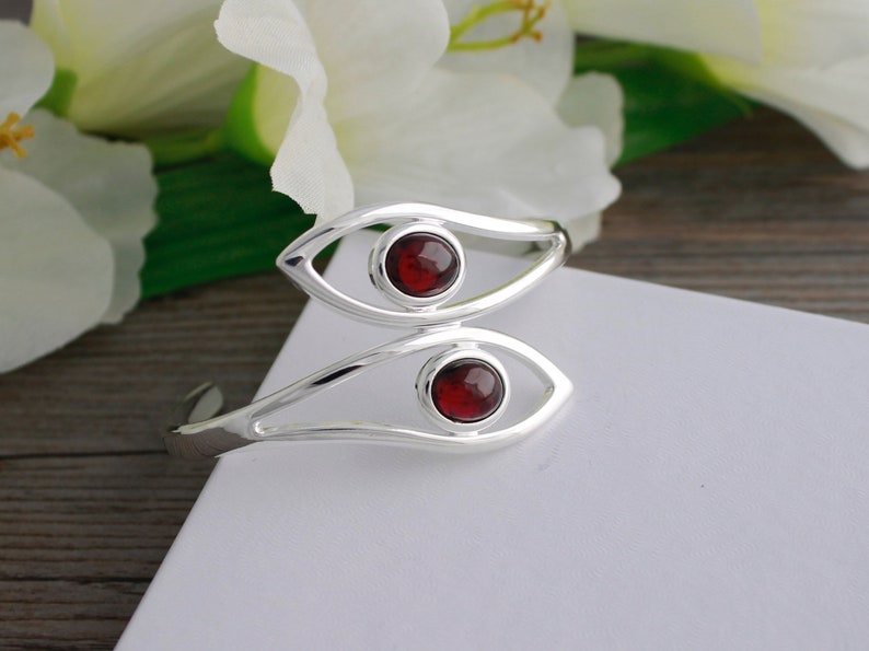 Genuine Garnet Adjustable Silver Leaf Bangle Bracelet; Garnet Cuff Bracelet; January Birthstone Jewelry