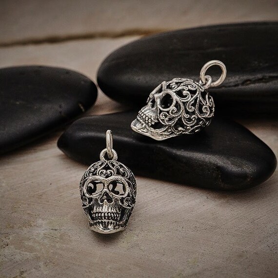 Sterling Silver Sugar Skull Necklace * Sterling Silver Skull Pendant * Skull with Filigree Scroll Work * Halloween * Day of the Dead