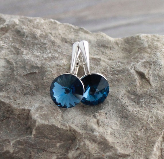 Dark Blue Earrings Montana Crystal Earrings Sterling Silver Swarovski Crystal Earrings Rivoli Lever Backs London Topaz Etsy