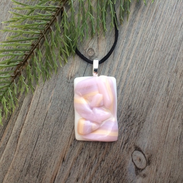 Pink, Purple, Peach & White Tack Fused Glass Puddles Pendant and Satin Necklace; Fused Glass Jewelry; Unique Glass Treasures