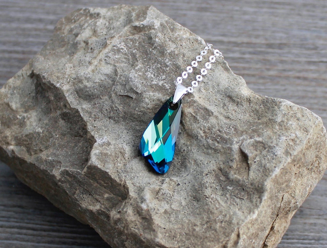 Blue Green Swarovski Crystal Wing Pendant Necklace Ocean Beach Water Sterling Silver Cable Chain Etsy