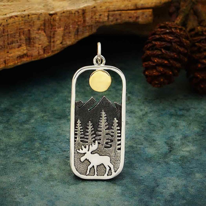 Sterling Silver Moose Pendant With Bronze Sun Moon Mountain Etsy