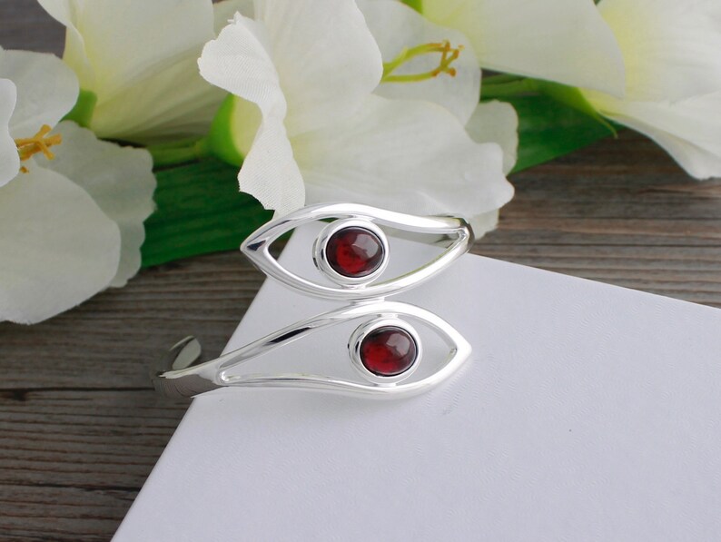 Genuine Garnet Adjustable Silver Leaf Bangle Bracelet; Garnet Cuff Bracelet; January Birthstone Jewelry