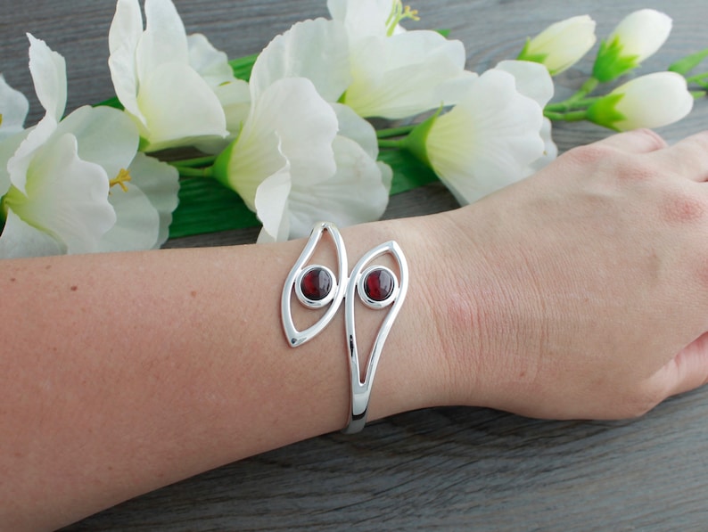 Genuine Garnet Adjustable Silver Leaf Bangle Bracelet; Garnet Cuff Bracelet; January Birthstone Jewelry
