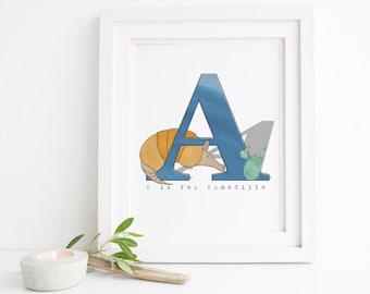 A is for Armadillo - Alphabet Illustration Print, Nursery Art, Kid's Decor, Children's Bedroom, Baby Boy Baby Girl, Desert Animals, Cactus