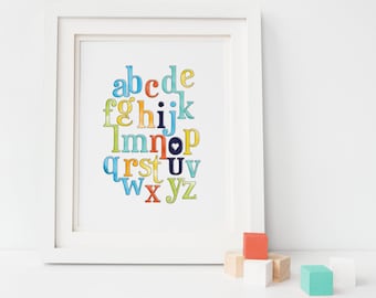 Alphabet Art Print - Colorful Watercolor Style ABC Wall Art for your Gender Neutral Nursery or Kid's Playroom Wall Decor