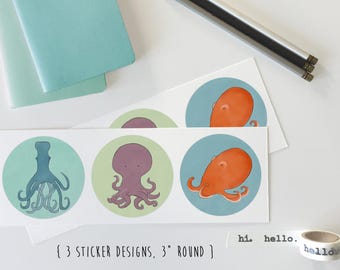 Octopus Print Cute Sticker Set - Perfect as Birthday Party Favors, Envelope Stickers, Envelope Seals and Octopus Art Journal Sticker