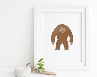 Cute Mythical Bigfoot Illustration Print - Nursery Art, Kid's Decor, Children's Bedroom, Mythical Creature, Sasquatch, Forest Monster