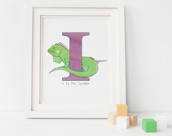 I is for Iguana - Alphabet Illustration Print, Nursery Art Print, Kid's Decor, Children's Bedroom, Rainforest Lizard, Baby Boy's room