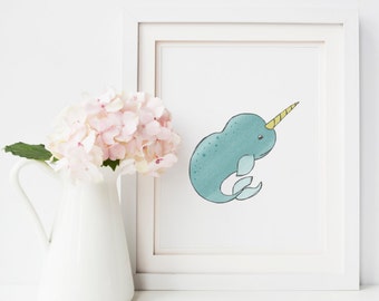 Narwhal Print - Ocean Art Nursery Animal Illustration for Your Ocean Nursery Decor or Your Tropical Nursery Wall Art