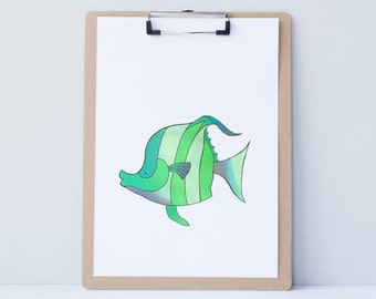 Curious Angelfish - Illustration Print, Nursery Art, Kid's Decor, Children's Bedroom, Ocean Sea Creature, Underwater Art, Bathroom Art, Fish