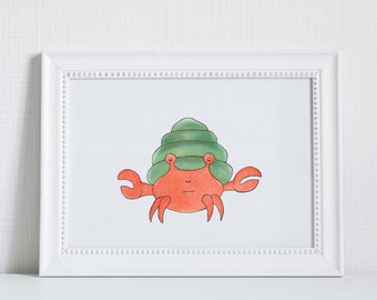 Chagrijnig Hermit Crab - illustratie afdrukken kwekerij kunst, Kid's Decor, kinderslaapkamer, Oceaan zee schepsel, onderwater badkamer kunst, oceanische