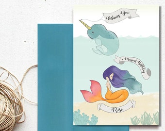 Mermaid Birthday Custom Card - Personalized Card for Little Mermaid Party, Mermaid Nursery Baby Shower Gift, or Girl Birthday Party Gift