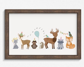 Woodland Animal Parade Print - Woodland Animals Nursery Art Featuring a Woodland Fox, Hedgehog, and Deer or Pick Your Custom Nursery Animals