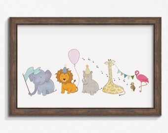 Safari Animal Parade Print - Zoo Animals Nursery Art Featuring an Elephant, Lion, Baby Rhino and Giraffe or Pick Your Custom Nursery Animals