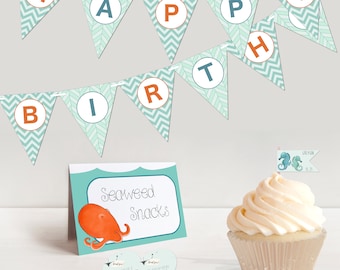 Custom Ocean Theme Party Printables - Kids Birthday Party Package: Happy Birthday Bunting Banner, Cupcake Toppers, Menu Cards & Favor Tags