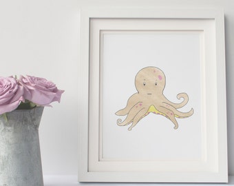 Happy Octopus - Illustration Print, Nursery Art, Kid's Decor, Children's Bedroom, Ocean Sea Creature, Underwater Art, Bathroom Art, Oceanic