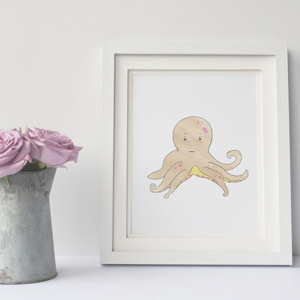 Happy Octopus - Illustration Print, Nursery Art, Kid's Decor, Children's Bedroom, Ocean Sea Creature, Underwater Art, Bathroom Art, Oceanic