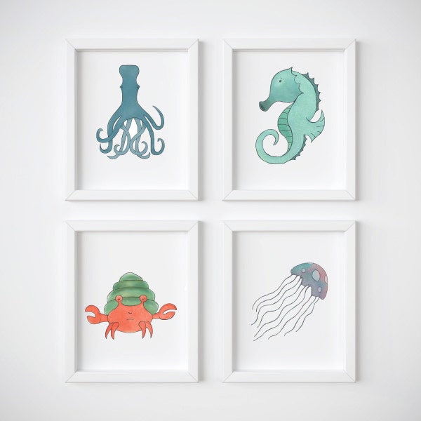 Nautical Nursery Art Print Set of 4 -  Ocean Bathroom Art Including a Hermit Crab, Jellyfish, Seahorse and Octopus for your Aquatic Nursery