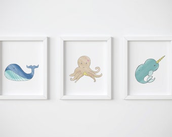 Whale Nursery Art Print Set - Ocean Nursery Art Prints Including a Whale, a Cute Octopus Print and Narwhal for Tropical Nursery Wall Decor