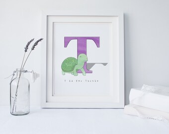 T is for Turtle - Alphabet Illustration Print, Nursery Art, Kid's Decor, Children's Bedroom, Woodland Animal