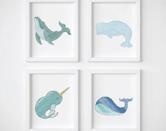 Whale Nursery Decor, Print Set of 4 - Ocean Bathroom Art Including Humpback Whale, Narwhal, and Baby Beluga for Your Nautical Bathroom Art