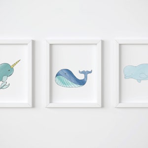 Nursery Whale Art Print Set of 3 Nautical Nursery Art featuring a Narwhal, Blue Whale Print and Baby Beluga for Your Ocean Nursery Decor image 1