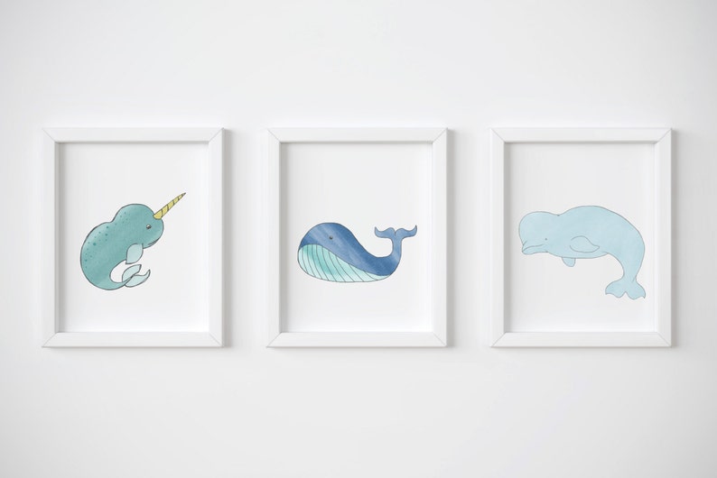 Nursery Whale Art Print Set of 3 Nautical Nursery Art featuring a Narwhal, Blue Whale Print and Baby Beluga for Your Ocean Nursery Decor image 1