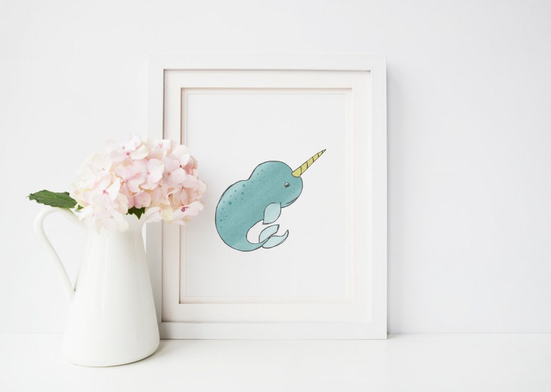 Nursery Whale Art Print Set of 3 Nautical Nursery Art featuring a Narwhal, Blue Whale Print and Baby Beluga for Your Ocean Nursery Decor image 2