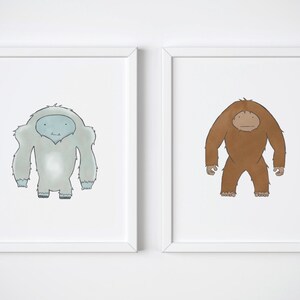 Yeti & Bigfoot Illustration Art Print Set of 2 - Cute Mythical Nursery Art, Kid&#39;s Decor, Children&#39;s Bedroom, Abominable Snowman, Sasquatch