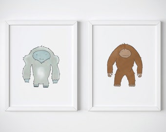 Yeti & Bigfoot Illustration Art Print Set of 2 - Cute Mythical Nursery Art, Kid's Decor, Children's Bedroom, Abominable Snowman, Sasquatch