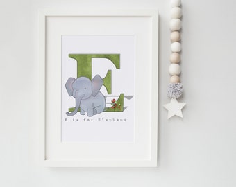 E is for Elephant - Alphabet Illustration Print, Nursery Art, Kid's Decor, Children's Bedroom, Safari African Zoo Animal