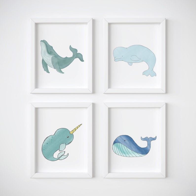 Nursery Whale Art Print Set of 3 Nautical Nursery Art featuring a Narwhal, Blue Whale Print and Baby Beluga for Your Ocean Nursery Decor image 6