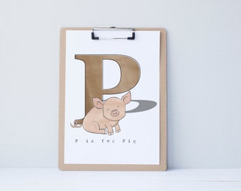 P is for Pig - Alphabet Illustration Print, Nursery Art, Kid's Decor, Children's Bedroom, Farm Animal