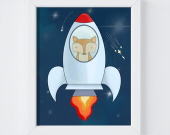 Space Rocket Art Print - Cute Space Fox in Space Ship for your Rocket Ship Nursery Decor, Space Themed Nursery, or Outer Space Bedroom Decor