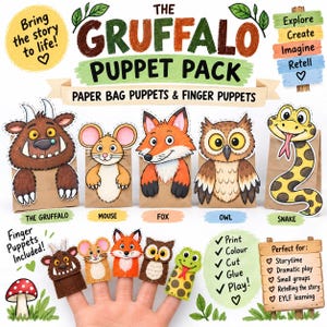 Peut inclure: Un kit de marionnettes Gruffalo comprenant des marionnettes en sac en papier représentant un Gruffalo, une souris, un renard, un hibou et un serpent, ainsi que des marionnettes à doigts assorties avec des étiquettes de texte pour chaque personnage.