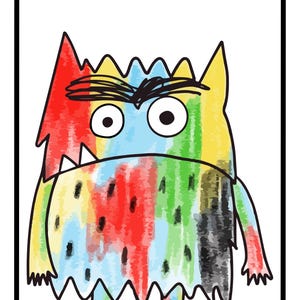Pode incluir: Ilustra&ccedil;&atilde;o de um monstro colorido com efeito aquarela. O monstro tem um contorno irregular, olhos grandes e um sorriso com dentes. A paleta de cores inclui vermelho, azul, verde, amarelo e preto, criando um design caprichoso.