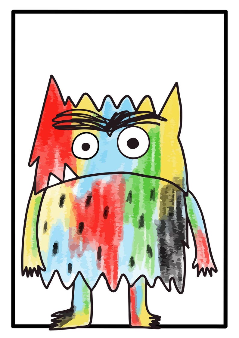 Pode incluir: Ilustra&ccedil;&atilde;o de um monstro colorido com efeito aquarela. O monstro tem um contorno irregular, olhos grandes e um sorriso com dentes. A paleta de cores inclui vermelho, azul, verde, amarelo e preto, criando um design caprichoso.