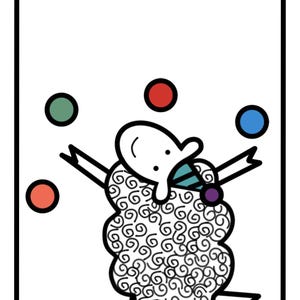 Pode incluir: Ilustra&ccedil;&atilde;o fantasiosa de uma ovelha fazendo malabarismos com quatro bolas coloridas. A ovelha &eacute; branca com contorno preto e um padr&atilde;o de l&atilde; encaracolada. As bolas s&atilde;o vermelhas, verdes e azuis.