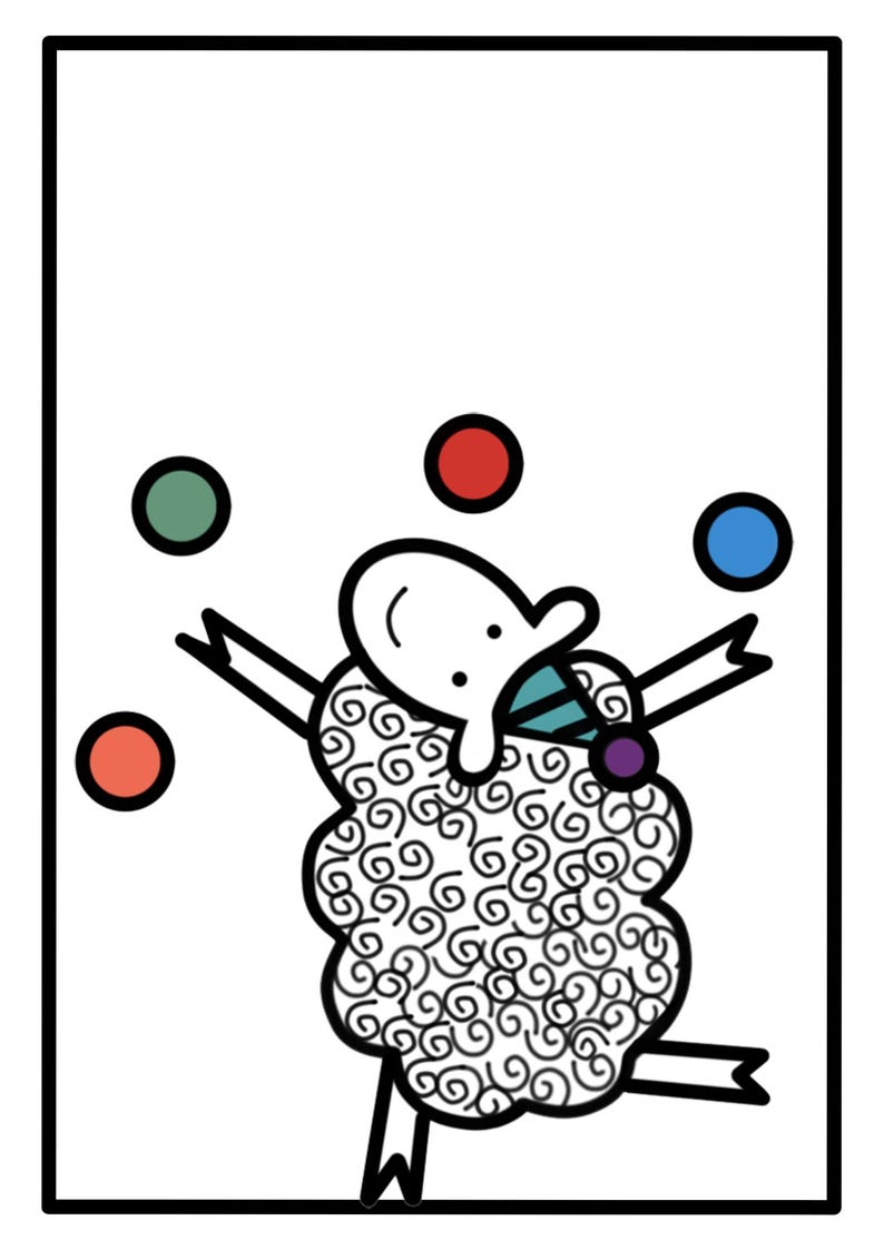 Pode incluir: Ilustra&ccedil;&atilde;o fantasiosa de uma ovelha fazendo malabarismos com quatro bolas coloridas. A ovelha &eacute; branca com contorno preto e um padr&atilde;o de l&atilde; encaracolada. As bolas s&atilde;o vermelhas, verdes e azuis.