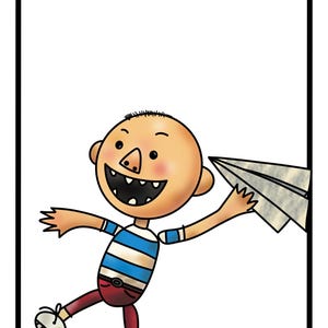 Pode incluir: Ilustra&ccedil;&atilde;o de desenho animado de um menino sorrindo segurando um avi&atilde;o de papel. O menino tem uma cabe&ccedil;a careca, um nariz grande e est&aacute; vestindo uma camisa listrada azul e branca, cal&ccedil;as vermelhas e sapatos brancos. O avi&atilde;o de papel &eacute; cinza.