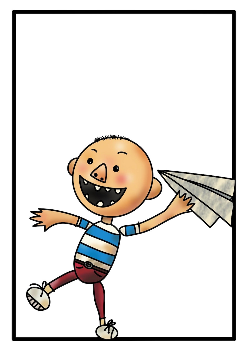 Pode incluir: Ilustra&ccedil;&atilde;o de desenho animado de um menino sorrindo segurando um avi&atilde;o de papel. O menino tem uma cabe&ccedil;a careca, um nariz grande e est&aacute; vestindo uma camisa listrada azul e branca, cal&ccedil;as vermelhas e sapatos brancos. O avi&atilde;o de papel &eacute; cinza.