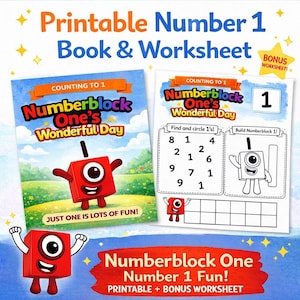 May include: A colorful educational printable featuring Numberblock One. The image includes a book and worksheet with the text "Numberblock One's Wonderful Day" and "Printable Number 1 Book & Worksheet". The worksheet has number one exercises.