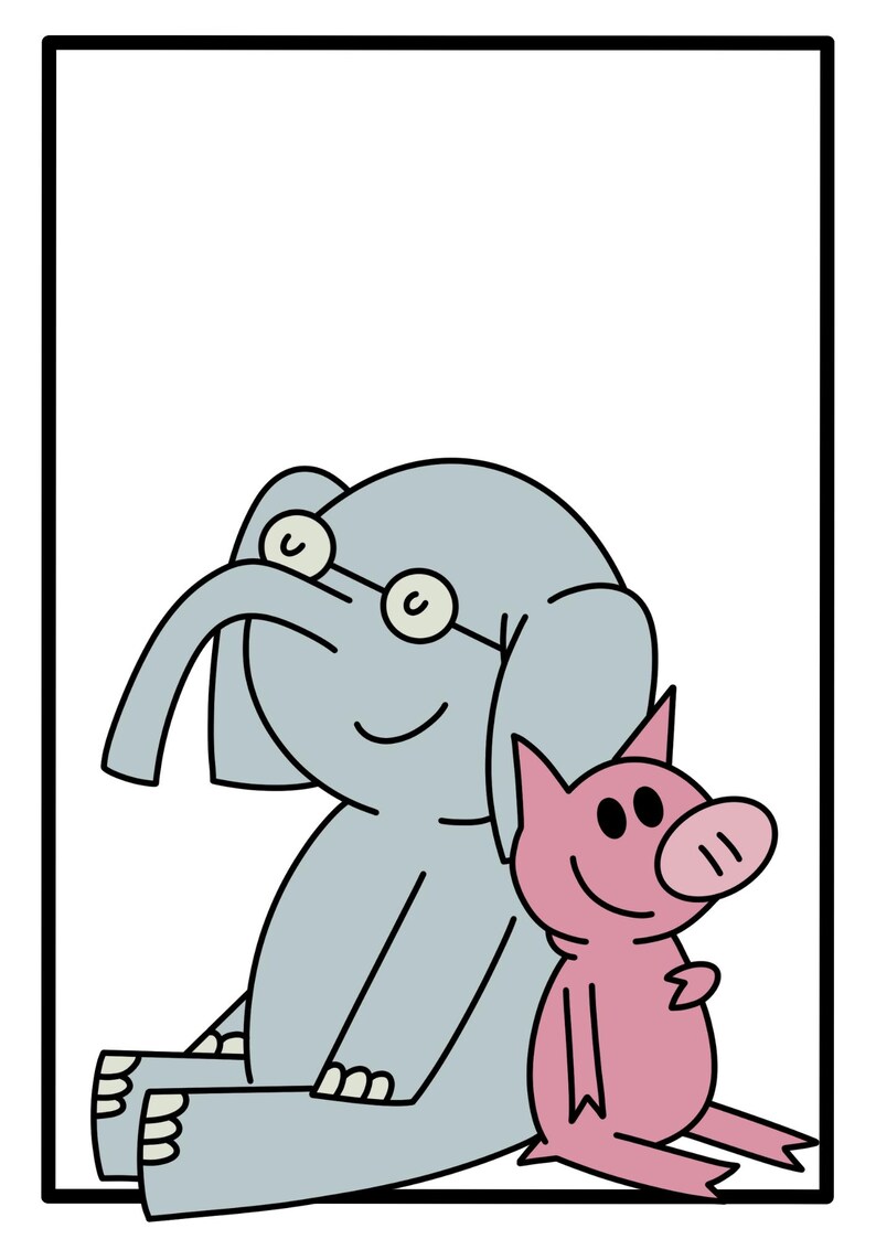 Pode incluir: Uma ilustra&ccedil;&atilde;o de desenho animado de um elefante e um porco sentados juntos. O elefante &eacute; azul claro e usa &oacute;culos. O porco &eacute; rosa. Ambos os personagens est&atilde;o sorrindo. A imagem &eacute; emoldurada com uma borda preta.