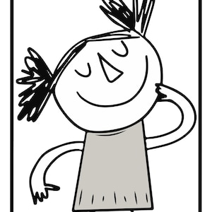 Pode incluir: Ilustra&ccedil;&atilde;o de desenho animado em preto e branco de uma figura sorridente com os olhos fechados, vestindo um vestido cinza. A figura tem cabelo preto espetado e &eacute; emoldurada por uma borda preta.