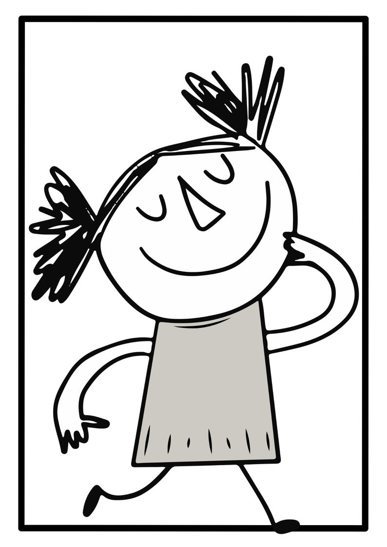 Pode incluir: Ilustra&ccedil;&atilde;o de desenho animado em preto e branco de uma figura sorridente com os olhos fechados, vestindo um vestido cinza. A figura tem cabelo preto espetado e &eacute; emoldurada por uma borda preta.